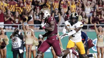 TALLAHASSEE, FL - SEPTEMBER 9: Runningback Trey Benson #3 of the Florida State Seminoles runs in for a touchdown during the game against the Southern Miss Golden Eagles at Doak Campbell Stadium on Bobby Bowden Field on September 9, 2023 in Tallahassee, Florida. The Seminoles defeated the Golden Eagles 66 to 13. (Photo by Don Juan Moore/Getty Images)