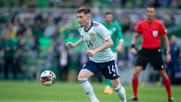 DUBLIN, IRELAND: June 11: Billy Gilmour #14 of Scotland in action during the Republic of Ireland V Scotland, Nations League League B - Group One match at Aviva Stadium on June 11th, 2022 in Dublin, Ireland. (Photo by Tim Clayton/Corbis via Getty Images)