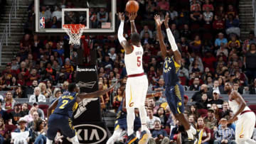CLEVELAND, OH - OCTOBER 6: JR Smith #5 of the Cleveland Cavaliers shoots the ball during the preseason game against the Indiana Pacers on October 6, 2017 at Quicken Loans Arena in Cleveland, Ohio. NOTE TO USER: User expressly acknowledges and agrees that, by downloading and or using this Photograph, user is consenting to the terms and conditions of the Getty Images License Agreement. Mandatory Copyright Notice: Copyright 2017 NBAE (Photo by Nathaniel S. Butler/NBAE via Getty Images)