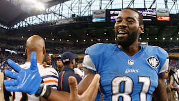 DETROIT, MI - OCTOBER 18: Wide receiver Calvin Johnson #81 of the Detroit Lions following the NFL game against the Chicago Bears at Ford Field on October 18, 2015 in Detroit, Michigan. The Lions defeated the Bears 37-34 in overtime. (Photo by Christian Petersen/Getty Images)