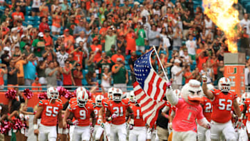 MIAMI GARDENS, FL - OCTOBER 15: The Miami Hurricanes take the field during a game against the North Carolina Tar Heels at Hard Rock Stadium on October 15, 2016 in Miami Gardens, Florida. (Photo by Mike Ehrmann/Getty Images)
