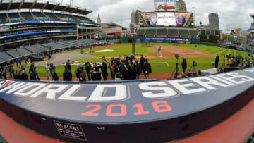 Oct 24, 2016; Cleveland , OH, USA; General view of the field during work out day prior to the start of the 2016 World Series at Progressive Field. Mandatory Credit: Ken Blaze-USA TODAY Sports
