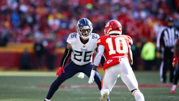 KANSAS CITY, MO - JANUARY 19: Logan Ryan #26 of the Tennessee Titans in action on defense during the AFC Championship game against the Kansas City Chiefs at Arrowhead Stadium on January 19, 2020 in Kansas City, Missouri. The Chiefs defeated the Titans 35-24. (Photo by Joe Robbins/Getty Images)
