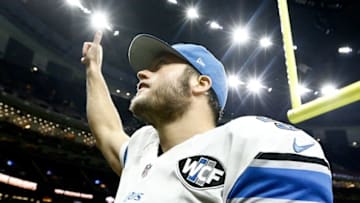 Dec 4, 2016; New Orleans, LA, USA; Detroit Lions quarterback Matthew Stafford (9) celebrates as he leaves the field following a win against the New Orleans Saints in a game at the Mercedes-Benz Superdome. The Lions defeated the Saints 28-13. Mandatory Credit: Derick E. Hingle-USA TODAY Sports
