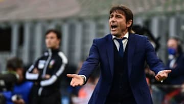 Inter Milan's Italian coach Antonio Conte reacts during the Italian Serie A football match Inter Milan vs Sampdoria on May 08, 2021 at the San Siro stadium in Milan. (Photo by MIGUEL MEDINA / AFP) (Photo by MIGUEL MEDINA/AFP via Getty Images)