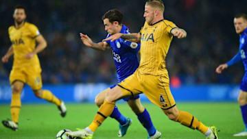 LEICESTER, ENGLAND - MAY 18: Ben Chilwell of Leicester City holds off Toby Alderweireld of Tottenham Hotspur during the Premier League match between Leicester City and Tottenham Hotspur at The King Power Stadium on May 18, 2017 in Leicester, England. (Photo by Tony Marshall/Getty Images)