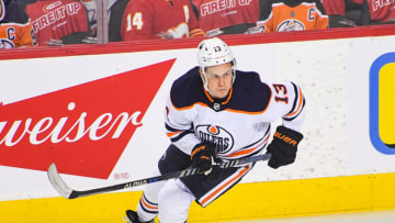 CALGARY, AB - MAY 20: Jesse Puljujarvi #13 of the Edmonton Oilers in action against the Calgary Flames during Game Two of the Second Round of the 2022 Stanley Cup Playoffs at Scotiabank Saddledome on May 20, 2022 in Calgary, Alberta, Canada. The Oilers defeated the Flames 5-3. (Photo by Derek Leung/Getty Images)