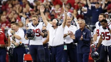 Nov 10, 2013; Phoenix, AZ, USA; Houston Texans interim head coach Wade Phillips celebrates a field goal during the game against the Arizona Cardinals at University of Phoenix Stadium. Mandatory Credit: Kevin Jairaj-USA TODAY Sports