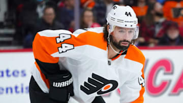 Nov 12, 2021; Raleigh, North Carolina, USA; Philadelphia Flyers center Nate Thompson (44) looks on during the second period against the Carolina Hurricanes at PNC Arena. Mandatory Credit: James Guillory-USA TODAY Sports