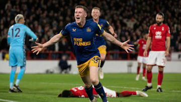 NOTTINGHAM, ENGLAND - MARCH 17: Elliot Anderson of Newcastle United celebrates scoring a goal that would later be disallowed by referee after consulting VAR during the Premier League match between Nottingham Forest and Newcastle United at City Ground on March 17, 2023 in Nottingham, United Kingdom. (Photo by Richard Callis/MB Media/Getty Images)