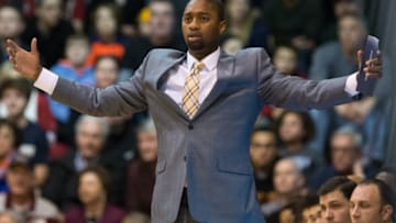 Dec 30, 2016; Philadelphia, PA, USA; George Washington Colonials head coach Maurice Joseph reacts during the first half against the Saint Joseph's Hawks at Michael J. Hagan Arena. Mandatory Credit: Bill Streicher-USA TODAY Sports