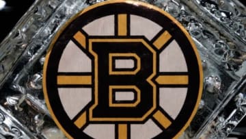 May 1, 2014; Boston, MA, USA; The Boston Bruins logo is frozen in ice before game one against the Montreal Canadiens in the second round of the 2014 Stanley Cup Playoffs at TD Banknorth Garden. Mandatory Credit: Greg M. Cooper-USA TODAY Sports