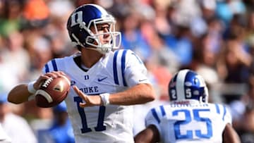 SOUTH BEND, IN - SEPTEMBER 24: Daniel Jones #17 of the Duke Blue Devils drops back to pass during the first half of a game against the Notre Dame Fighting Irish at Notre Dame Stadium on September 24, 2016 in South Bend, Indiana. (Photo by Stacy Revere/Getty Images)