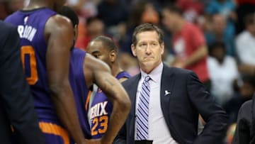Apr 7, 2015; Atlanta, GA, USA; Phoenix Suns head coach Jeff Hornacek is shown with players during a time out in the fourth quarter of their game against the Atlanta Hawks at Philips Arena. The Hawks won 96-69. Mandatory Credit: Jason Getz-USA TODAY Sports