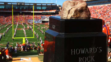 CLEMSON, SC - OCTOBER 22: A general view of the playing field and Howard's Rock at Memorial Stadium seen prior to the start of the Clemson Tigers and North Carolina Tar Heels game at Memorial Stadium on October 22, 2011 in Clemson, South Carolina. (Photo by Scott Halleran/Getty Images)