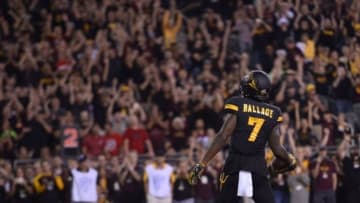 Nov 10, 2016; Tempe, AZ, USA; Arizona State Sun Devils running back Kalen Ballage (7) celebrates his touchdown against the Arizona State Sun Devils during the first half at Sun Devil Stadium. Mandatory Credit: Joe Camporeale-USA TODAY Sports