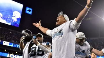 Jan 24, 2016; Charlotte, NC, USA; Carolina Panthers quarterback Cam Newton (1) celebrates after beating the Arizona Cardinals in the NFC Championship football game at Bank of America Stadium. Mandatory Credit: Bob Donnan-USA TODAY Sports