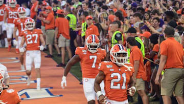Clemson running back Darien Rencher (21) runs down the hill with teammates before the game at Memorial Stadium in Clemson, South Carolina Saturday, September 21, 2019.Clemson Football Darien Rencher Rise From Walk On