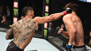 NEW YORK, NEW YORK - NOVEMBER 02: (L-R) Lyman Good punches Chance Rencountre in their welterweight bout during the UFC 244 event at Madison Square Garden on November 02, 2019 in New York City. (Photo by Josh Hedges/Zuffa LLC)