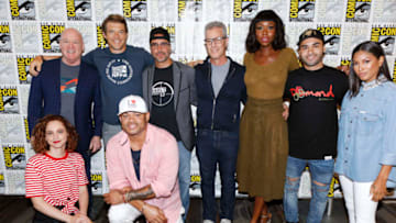 COMIC-CON INTERNATIONAL: SAN DIEGO -- "The Purge Press Room" -- Pictured: (l-r) Fiona Dourif, Tom Kelly, Jason Blum, Anthony Hemingway, James DeMonaco, Brad Fuller, Amanda Warren, Gabriel Chavarria and Lex Scott Davis -- (Photo by: Evans Vestal Ward/USA Network/NBCU Photo Bank via Getty Images)