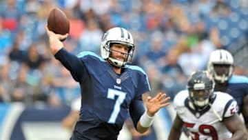 Dec 27, 2015; Nashville, TN, USA; Tennessee Titans quarterback Zach Mettenberger (7) passes against the Houston Texans during the second half at Nissan Stadium. Houston won 34-6. Mandatory Credit: Jim Brown-USA TODAY Sports