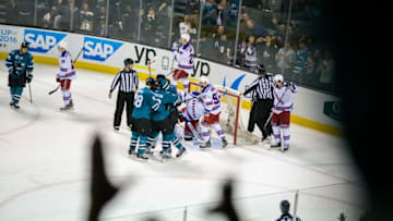 Mar 19, 2016; San Jose, CA, USA; San Jose Sharks center Joe Pavelski (8) celebrates scoring against the New York Rangers in the 3rd period at SAP Center at San Jose. Mandatory Credit: John Hefti-USA TODAY Sports. The Sharks won 4-1.