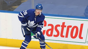 TORONTO, ON - MARCH 13: Jimmy Vesey #26 of the Toronto Maple Leafs warms up prior to playing against the Winnipeg Jets in an NHL game at Scotiabank Arena on March 13, 2021 in Toronto, Ontario, Canada. The Jets defeated the Maple Leafs 5-2. (Photo by Claus Andersen/Getty Images)