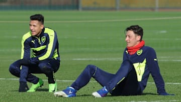 ST ALBANS, ENGLAND - FEBRUARY 14: Mesut Ozil and Alexis Sanchez of Arsenal during the Arsenal Training Session at London Colney on February 14, 2017 in St Albans, England. (Photo by David Price/Arsenal FC via Getty Images)