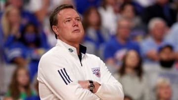 FORT WORTH, TEXAS - MARCH 17: Head coach Bill Self of the Kansas Jayhawks looks on against the Texas Southern Tigers during the second half in the first round of the 2022 NCAA Men's Basketball Tournament at Dickies Arena on March 17, 2022 in Fort Worth, Texas. (Photo by Tom Pennington/Getty Images)