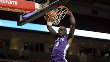 Nov 13, 2015; Lubbock, TX, USA; High Point Panthers forward John Brown (0) dunks the ball against the Texas Tech Red Raiders in the first half at United Supermarkets Arena. Mandatory Credit: Michael C. Johnson-USA TODAY Sports