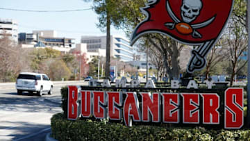 A view of the entrance of the Tampa Bay Buccaneers headquarters in Tampa, Florida, on February 1, 2022 on the day quarterback Tom Brady confirmed his retirement from the National Football League. - NFL icon Tom Brady confirmed his retirement from the sport on February 1, 2022, officially bringing the curtain down on a glittering 22-season career. The 44-year-old superstar, widely regarded as the greatest quarterback in history, made the announcement in a post on Instagram. (Photo by OCTAVIO JONES / AFP) (Photo by OCTAVIO JONES/AFP via Getty Images)