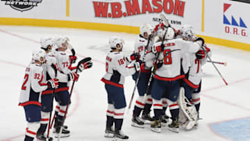 BOSTON, MA - NOVEMBER 16: The Washington Capitals celebrate the shootout win against the Boston Bruins at the TD Garden on November 16, 2019 in Boston, Massachusetts. (Photo by Steve Babineau/NHLI via Getty Images)