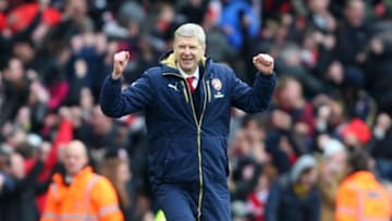 LONDON, ENGLAND - FEBRUARY 14 : Arsene Wenger manager of Arsenal celebrates during the Barclays Premier League match between Arsenal and Leicester City at the Emirates Stadium on February 14, 2016 in London, England. (Photo by Catherine Ivill - AMA/Getty Images)