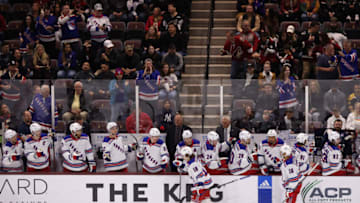 TEMPE, ARIZONA - OCTOBER 30: Artemi Panarin #10 of the New York Rangers celebrates with teammates on the bench after scoring a goal against the Arizona Coyotes during the second period of the NHL game at Mullett Arena on October 30, 2022 in Tempe, Arizona. The Rangers defeated the Coyotes 3-2. (Photo by Christian Petersen/Getty Images)