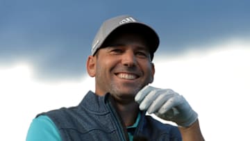 NEWCASTLE UPON TYNE, ENGLAND - SEPTEMBER 28: Sergio Garcia of Spain takes part in a live televised Sky Master Class with Nick Dougherty during the first day of the British Masters at Close House Golf Club on September 28, 2017 in Newcastle upon Tyne, England. (Photo by Mark Runnacles/Getty Images)