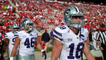 NORMAN, OK - OCTOBER 15: Defensive back Brogan Barry #18 of the Kansas State Wildcats takes the field before the game against the Oklahoma Sooners October 15, 2016 at Gaylord Family-Oklahoma Memorial Stadium in Norman, Oklahoma. Oklahoma defeated Kansas State 38-17. (Photo by Brett Deering/Getty Images) *** local caption *** Brogan Barry;