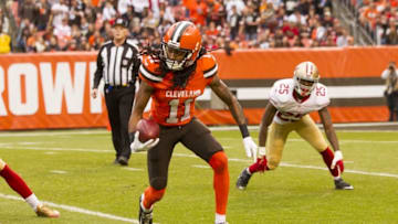 Dec 13, 2015; Cleveland, OH, USA; Cleveland Browns wide receiver Travis Benjamin (11) returns a kickoff against the San Francisco 49ers during the third quarter at FirstEnergy Stadium. The Browns defeated the 49ers 24-10. Mandatory Credit: Scott R. Galvin-USA TODAY Sports