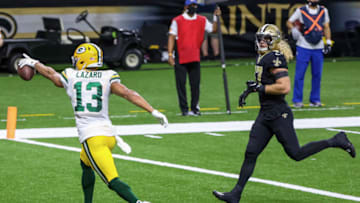Sep 27, 2020; New Orleans, Louisiana, USA; Green Bay Packers wide receiver Allen Lazard (13) celebrates after a touchdown against the New Orleans Saints during the second quarter at the Mercedes-Benz Superdome. Mandatory Credit: Derick E. Hingle-USA TODAY Sports