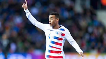 GENK, BELGIUM - NOVEMBER 20: Tyler Adams of the United States of America gestures during Italy v USA International Friendly at Luminus Arena in Genk on November 20, 2018 in Genk, Belgium. (Photo by TF-Images/Getty Images)