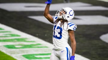 Dec 13, 2020; Paradise, Nevada, USA; Indianapolis Colts wide receiver T.Y. Hilton (13) celebrates after catching a touchdown pass against the Las Vegas Raiders during the second quarter at Allegiant Stadium. Mandatory Credit: Mark J. Rebilas-USA TODAY Sports