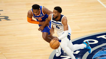 MINNEAPOLIS, MINNESOTA - MARCH 31: RJ Barrett #9 of the New York Knicks defends against Malik Beasley #5 of the Minnesota Timberwolves during the game at Target Center on March 31, 2021 in Minneapolis, Minnesota. The Timberwolves defeated the Knicks 102-101. NOTE TO USER: User expressly acknowledges and agrees that, by downloading and or using this Photograph, user is consenting to the terms and conditions of the Getty Images License Agreement (Photo by Hannah Foslien/Getty Images)