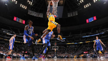 DENVER, CO - DECEMBER 30: Kenneth Faried #35 of the Denver Nuggets goes up for a dunk against the Philadelphia 76ers on December 30, 2016 at the Pepsi Center in Denver, Colorado. NOTE TO USER: User expressly acknowledges and agrees that, by downloading and/or using this Photograph, user is consenting to the terms and conditions of the Getty Images License Agreement. Mandatory Copyright Notice: Copyright 2016 NBAE (Photo by Garrett Ellwood/NBAE via Getty Images)