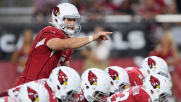 Nov 16, 2014; Glendale, AZ, USA; Arizona Cardinals quarterback Drew Stanton (5) calls signals against the Detroit Lions during the second half at University of Phoenix Stadium. The Cardinals won 14-6. Mandatory Credit: Joe Camporeale-USA TODAY Sports