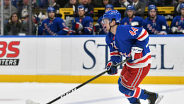 ST. LOUIS, MO - MARCH 17: New York Rangers defenseman Neal Pionk (44) skates with the puck during a NHL game between the New York Rangers and the St. Louis Blues on March 17, 2018, at Scottrade Center, St. Louis, MO. St. Louis beat New York in overtime, 4-3. (Photo by Keith Gillett/Icon Sportswire via Getty Images).