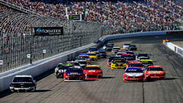 LOUDON, NEW HAMPSHIRE - JULY 21: Aric Almirola, driver of the #10 Smithfield Ford, William Byron, driver of the #24 Liberty University Chevrolet, Kyle Larson, driver of the #42 McDonald's Chevrolet, Joey Logano, driver of the #22 AAA Insurance Ford, and Ryan Newman, driver of the #6 Oscar Mayer/Velveeta Ford, lead the field during the Monster Energy NASCAR Cup Series Foxwoods Resort Casino 301 at New Hampshire Motor Speedway on July 21, 2019 in Loudon, New Hampshire. (Photo by Chris Trotman/Getty Images)