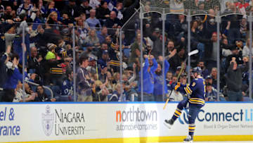 Feb 16, 2020; Buffalo, New York, USA; Buffalo Sabres center Jack Eichel (9) celebrates his goal during the third period against the Toronto Maple Leafs at KeyBank Center. Mandatory Credit: Timothy T. Ludwig-USA TODAY Sports