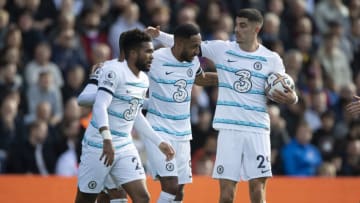 Pierre-Emerick Aubameyang celebrates scoring Chelsea's first goal with Reece James and Kai Havertz (Photo by Visionhaus/Getty Images)