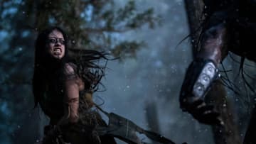 Naru (Amber Midthunder) and the Predator (Dane DiLiegro), shown. (Photo by David Bukach.)