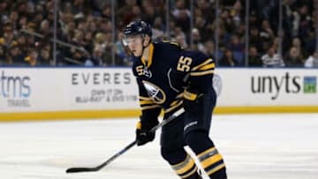 Jan 15, 2016; Buffalo, NY, USA; Buffalo Sabres defenseman Rasmus Ristolainen (55) looks to take a shot during the second period against the Boston Bruins at First Niagara Center. Mandatory Credit: Timothy T. Ludwig-USA TODAY Sports