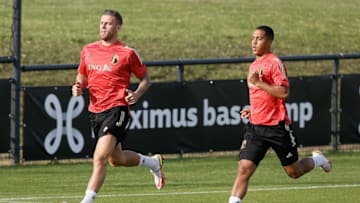 Belgium's Toby Alderweireld and Belgium and Leicester City's Youri Tielemans (Photo by BRUNO FAHY/BELGA/AFP via Getty Images)